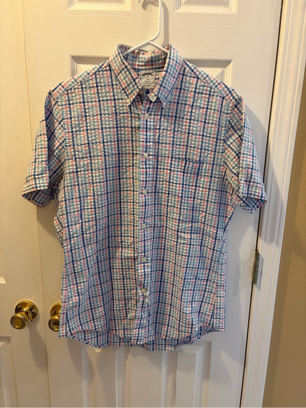 Brooks Brothers Short-Sleeve Plaid Button-Down Shirt in Pastel Blue & Pink
